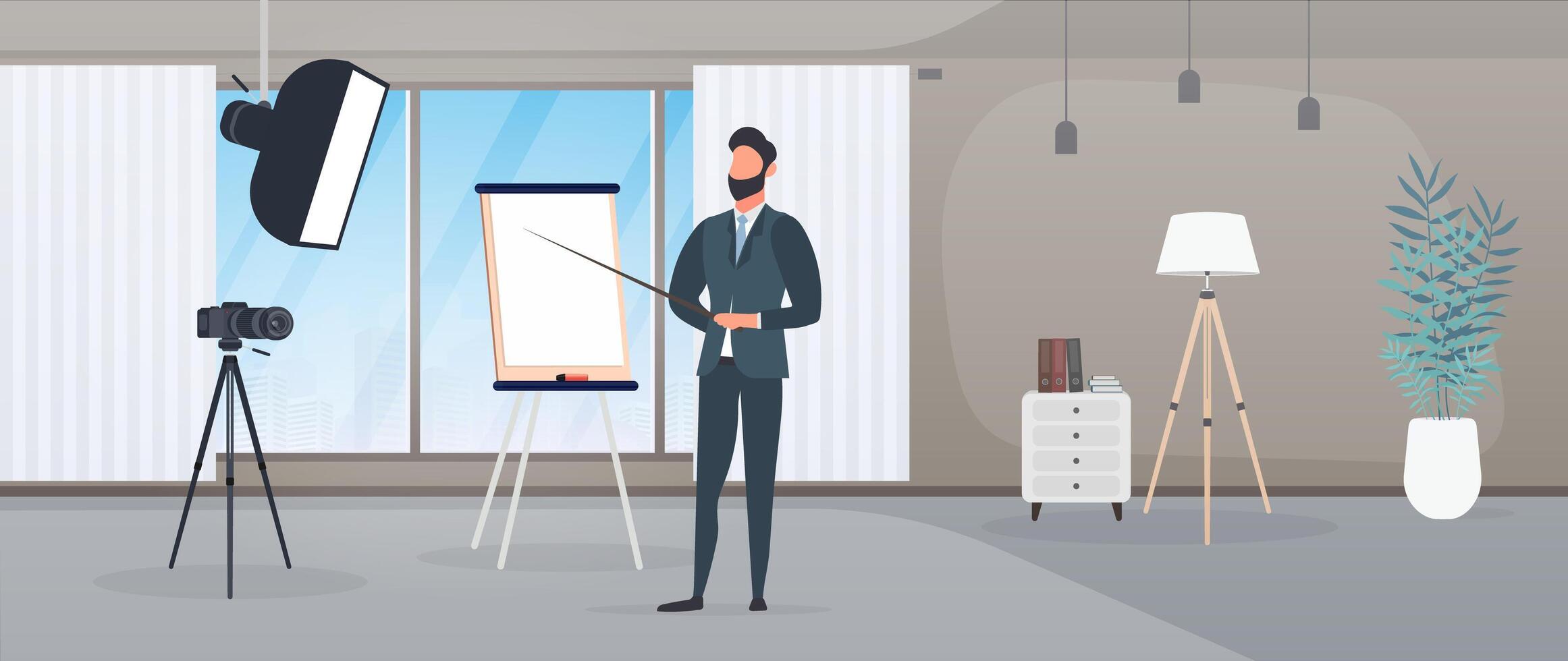 A man in a business suit with a tie is giving a presentation to the camera. The teacher is writing a lesson. The concept of blogging, online training and conferences. Camera on a tripod, softbox. vector