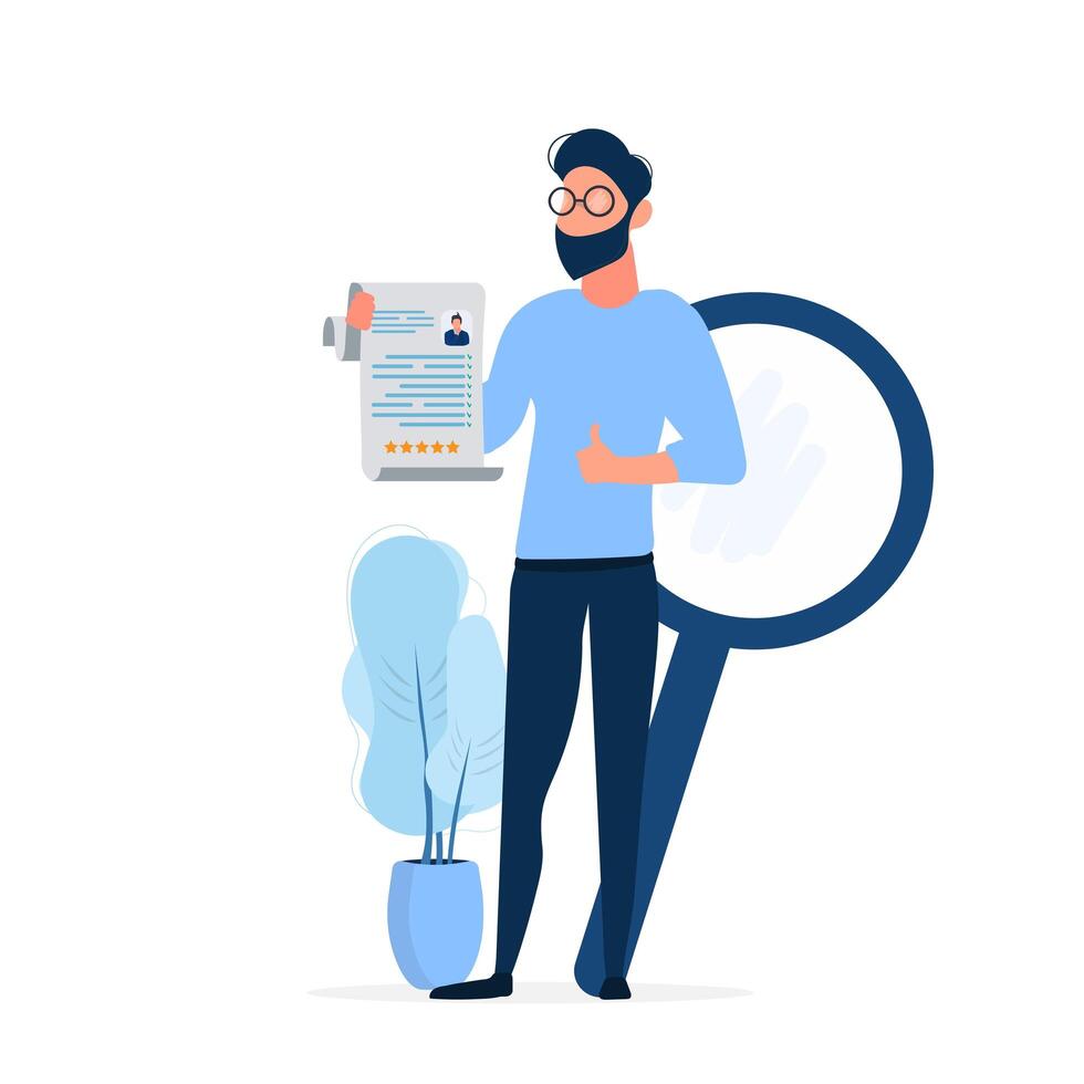 Man with magnifying glass and paper vector