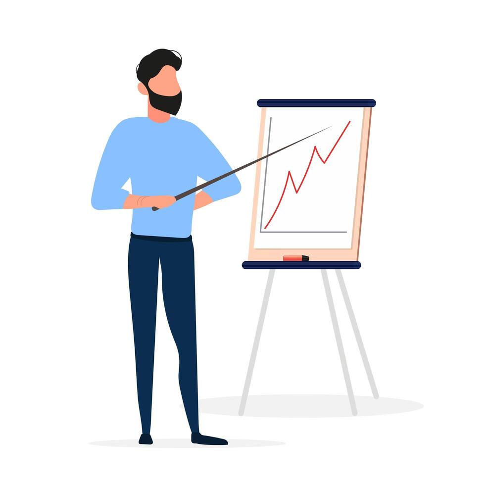The man gives an idea. The guy shows a report with positive dynamics. Board for paper. Infographics. Business growth. Isolated. Vector. vector