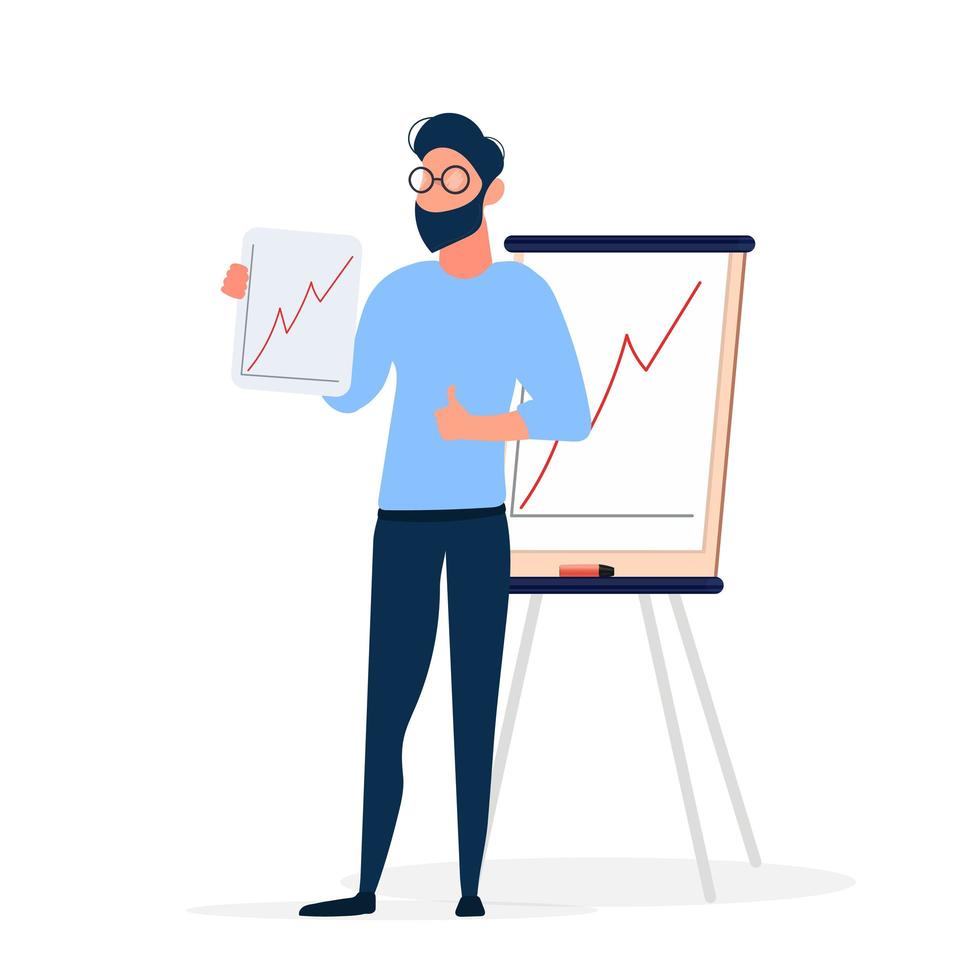 Stylish man with glasses. The guy holds a positive report and shows the class. Growth dynamics of a business, profit, currency or stock. Isolated. Vector