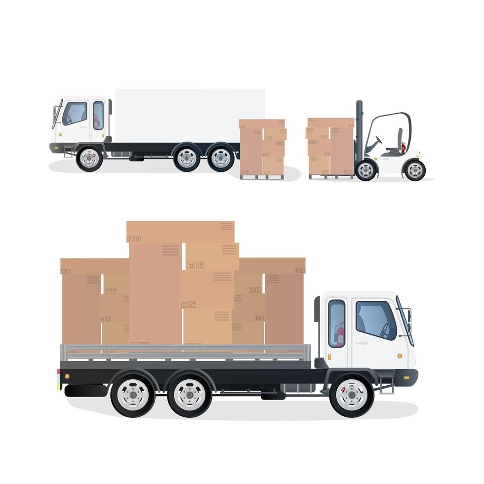 Lorry and pallet with cardboard boxes. Forklift raises the pallet. Industrial forklift. vector