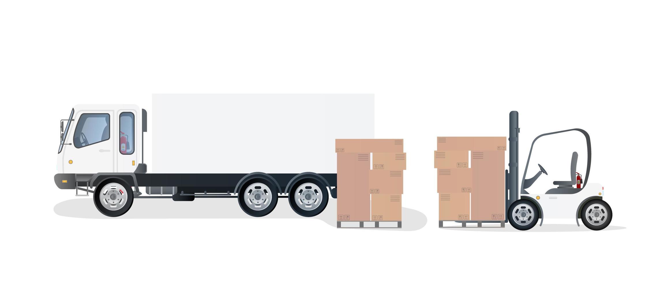 Lorry and pallet with cardboard boxes. Forklift raises the pallet. Industrial forklift. Carton boxes. The concept of delivery and loading of cargo. Isolated. Vector design