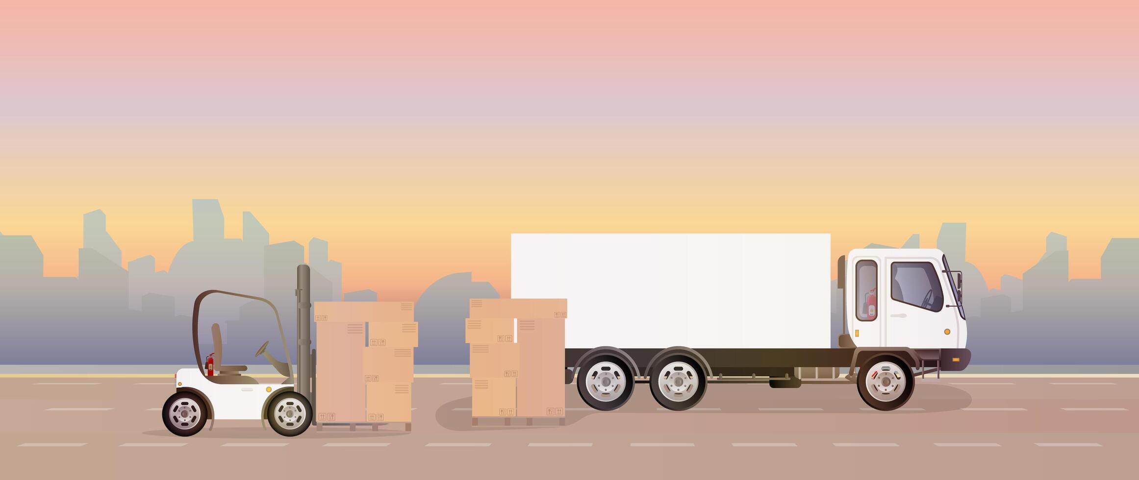 un camión y un palet con cajas de cartón se encuentran en la carretera. carretilla elevadora levanta el palet. carretilla elevadora industrial. cajas de cartón. el concepto de entrega y carga de carga. aislado. diseño vectorial vector