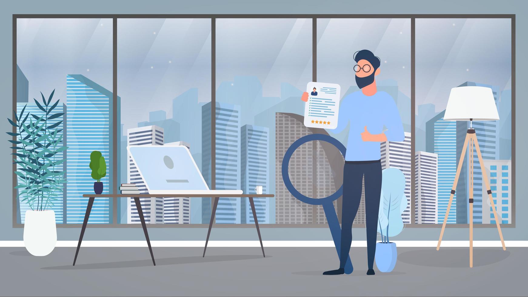 Stylish man with glasses. The guy holds a resume in his hands and shows the class. Office, workplace, laptop, floor lamp, houseplant. The concept of finding people for work. In isolation. Vector