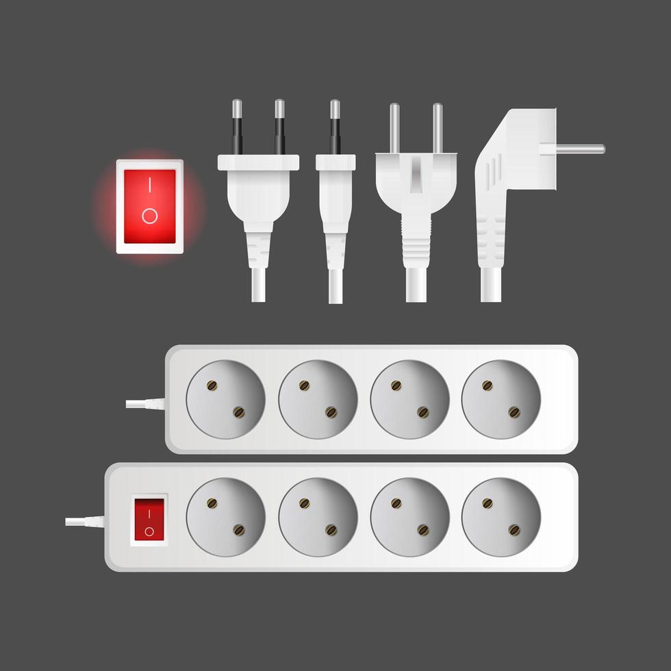 A set of white extension cords with three outlets. Plug for socket. Realistic style Vector. vector