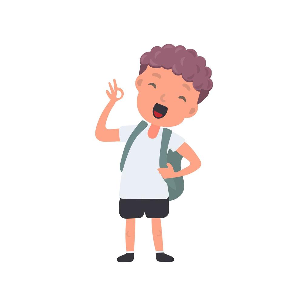 Teenager with a backpack waves his hand. Satisfied schoolboy. Suitable for back-to-school or vacation designs. Isolated. Vector. vector