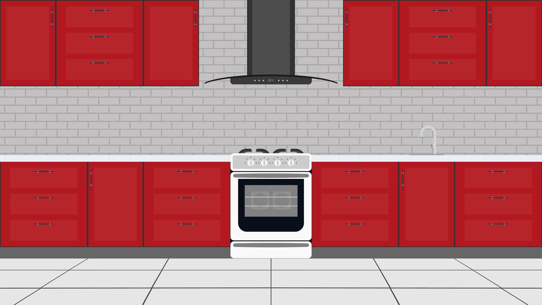 Stylish kitchen in a flat style. Red Kitchen Cabinets, Stove, Oven. Vector. vector