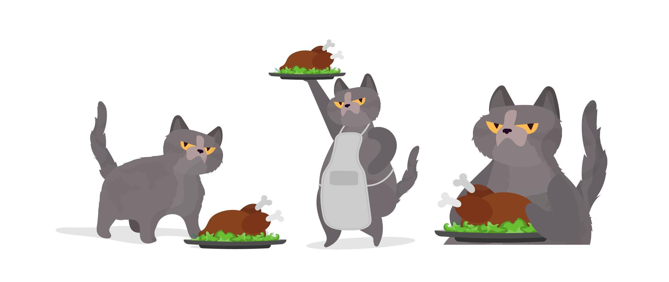 gracioso gato sostiene un pavo asado. un gato con una mirada divertida sostiene un pollo frito. bueno para pegatinas, tarjetas y camisetas. aislado. vector. vector