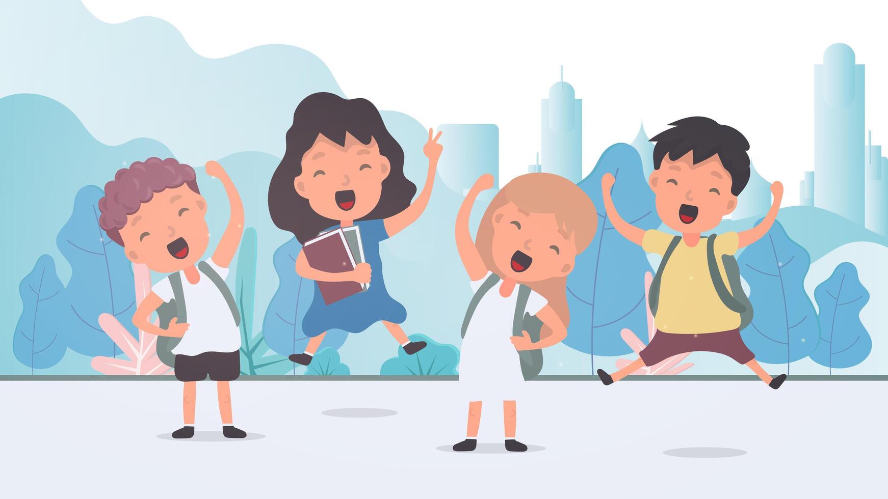 Children jumping in the air with school bags vector