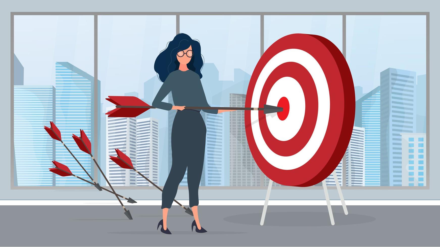 The girl is holding an arrow. The arrow hits the target. The concept of successful business, teamwork and achieving goals. Vector. vector