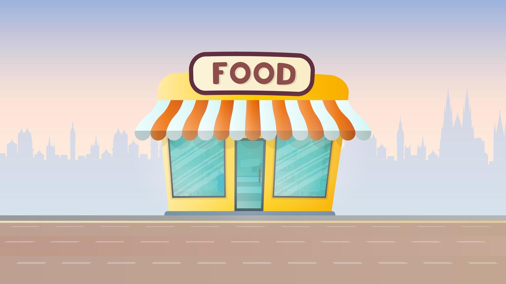 Fresh food store. Grocery store on the background of the city. Flat style. Vector. vector