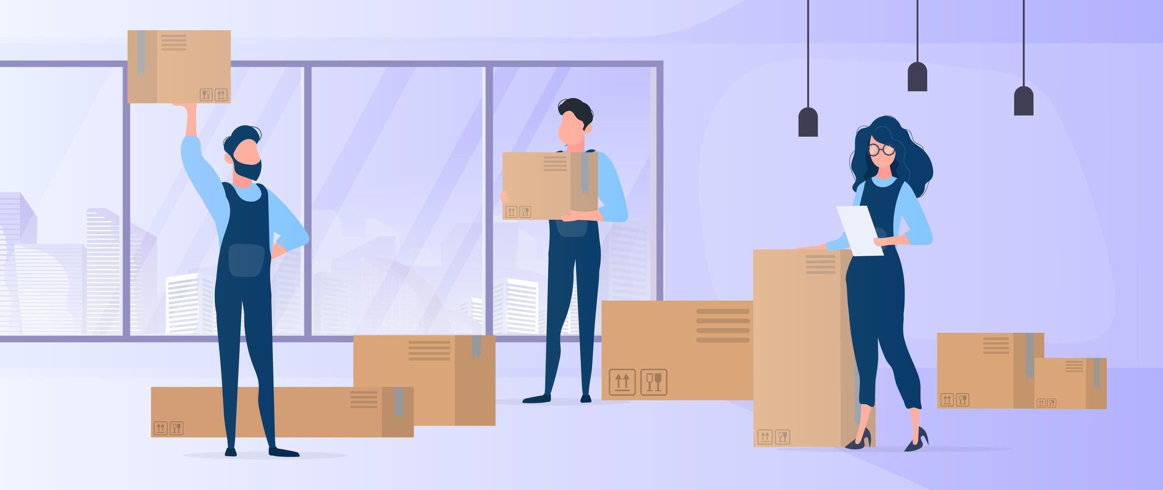 People moving boxes in an office vector