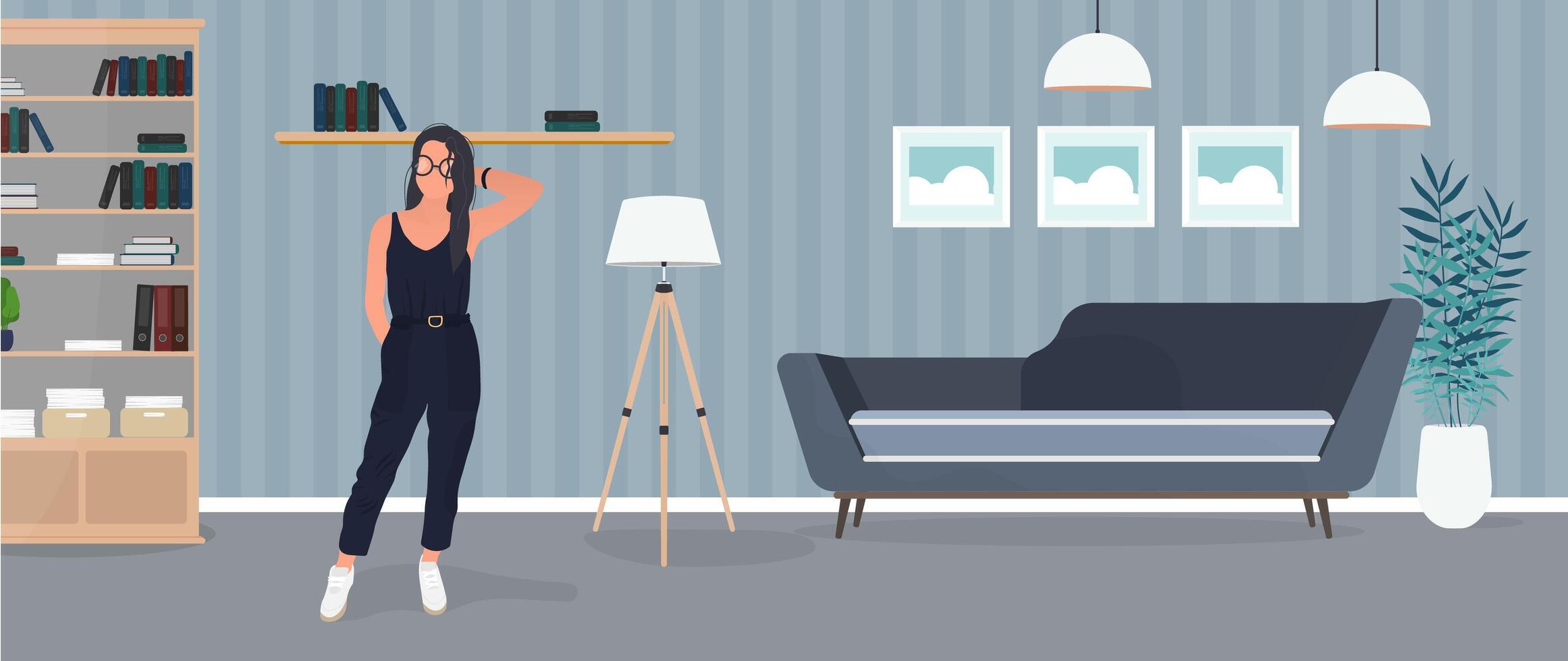 A woman is standing in a room with a couch, bookshelf and lamp vector