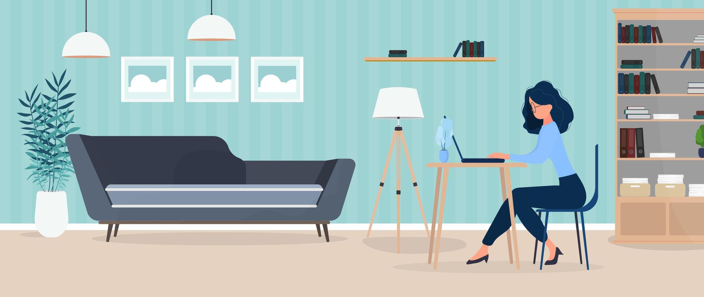 A woman sitting at a desk in a room with a laptop vector