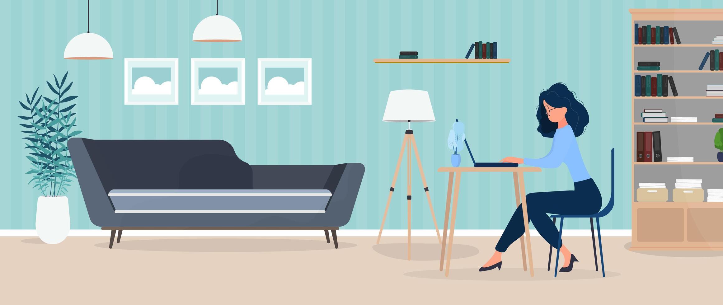 Girl works at a laptop in a stylish office. A study, a computer, a sofa, a wardrobe, a bookcase with books, paintings on the wall. Work at home. Vector. vector