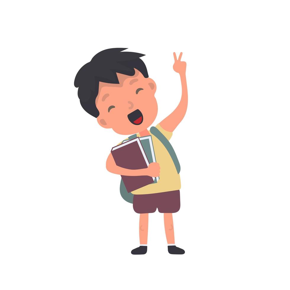 Teenager with a backpack waves his hand. Satisfied schoolboy. Suitable for back-to-school or vacation designs. Isolated. Vector. vector