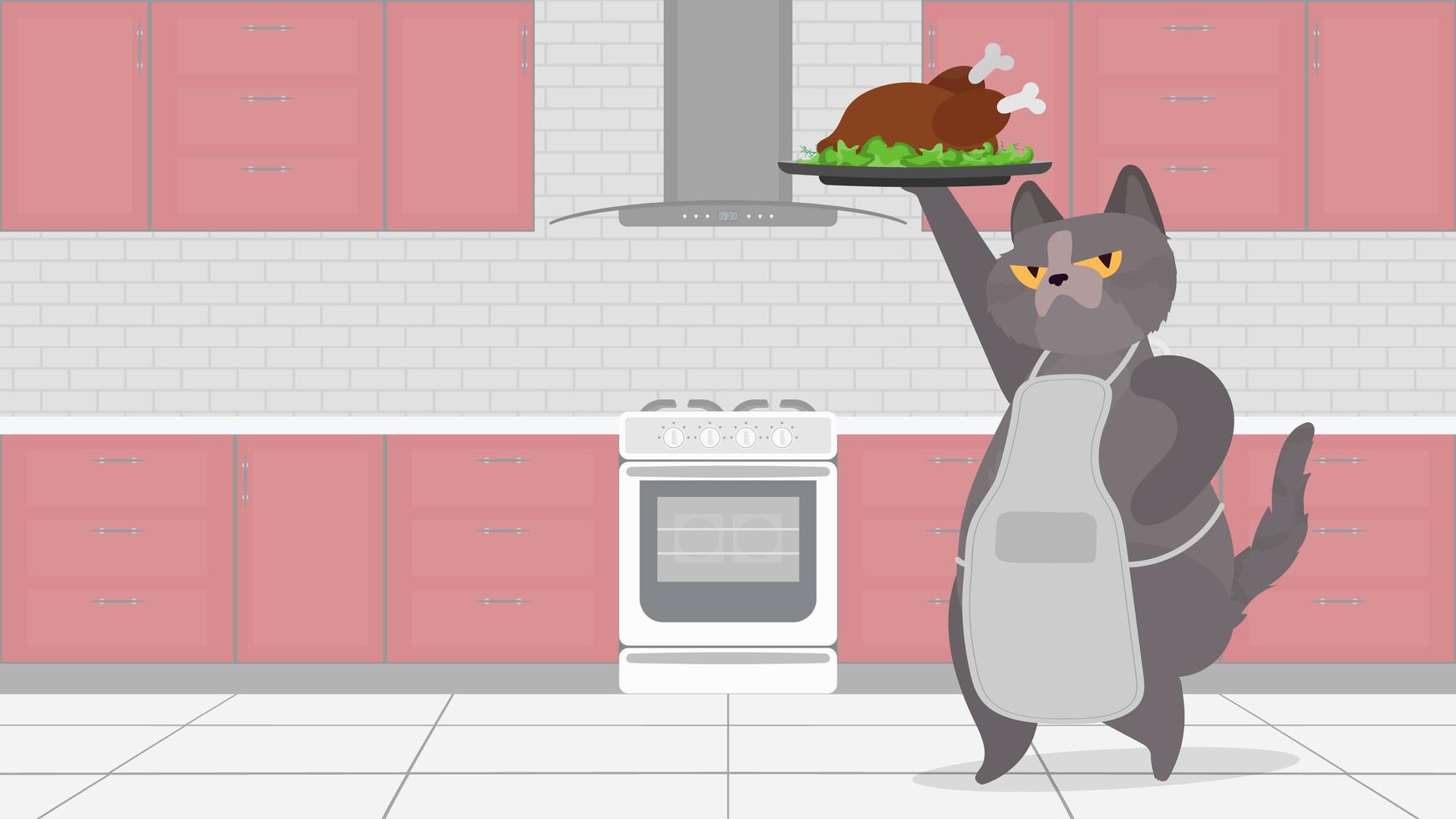 gato gracioso sostiene un pavo frito. un gato con una mirada divertida sostiene un pollo frito. Blog culinario o concepto de vlog. vector. vector