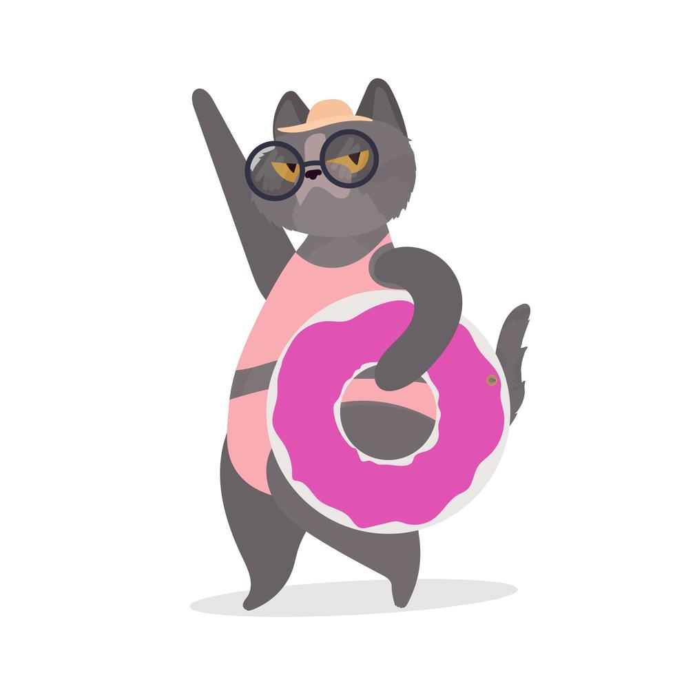 Funny cat with a pink rubber ring. Cat in glasses and a hat. Good for stickers, cards and t-shirts. Isolated. Vector. vector