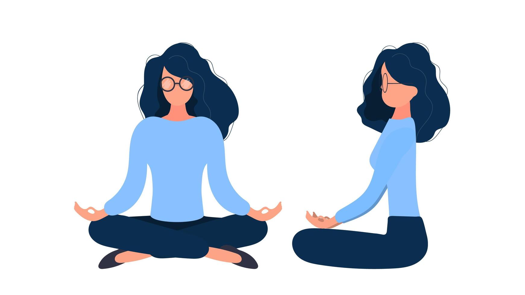 Two women sitting in lotus position, one with her hands on her head vector