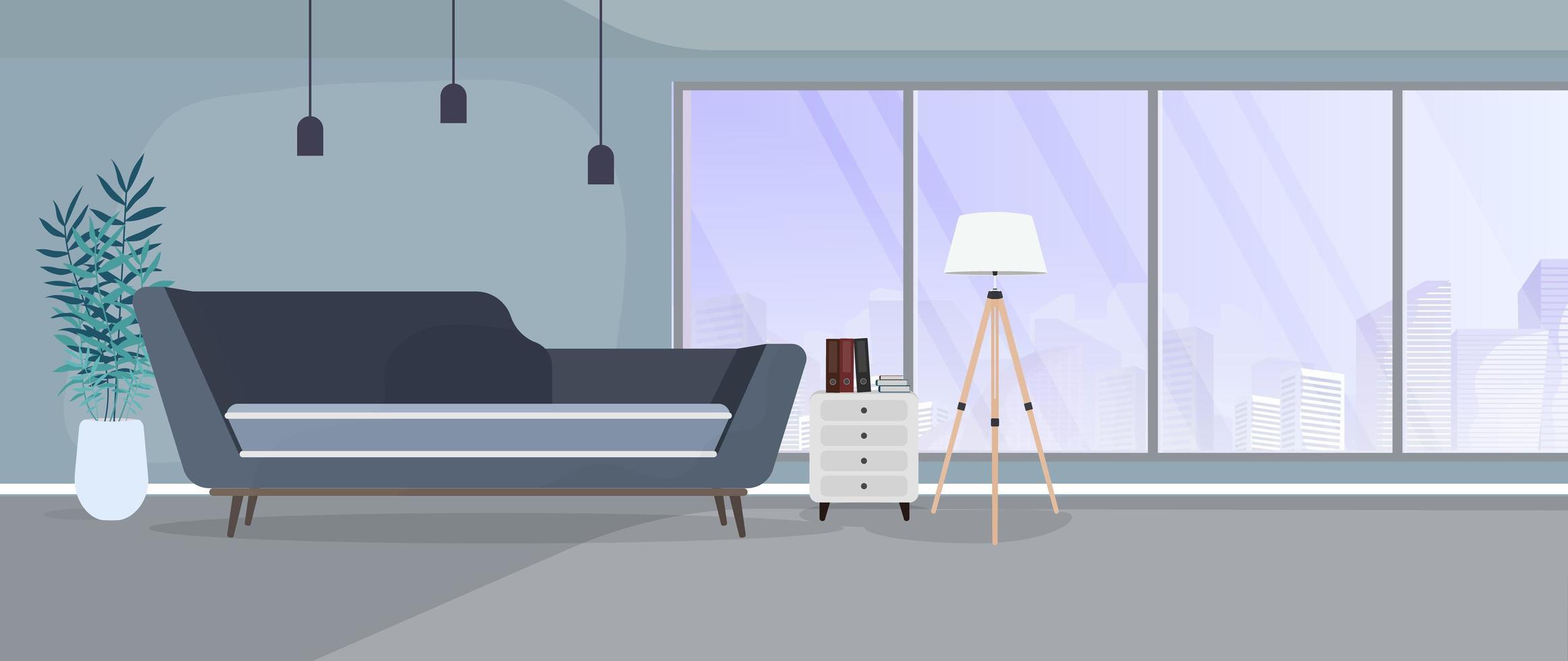 Habitación moderna con amplios ventanales. sofá, soporte con libros, lámpara de pie, planta de interior, ventanas panorámicas, sala, oficina. vector