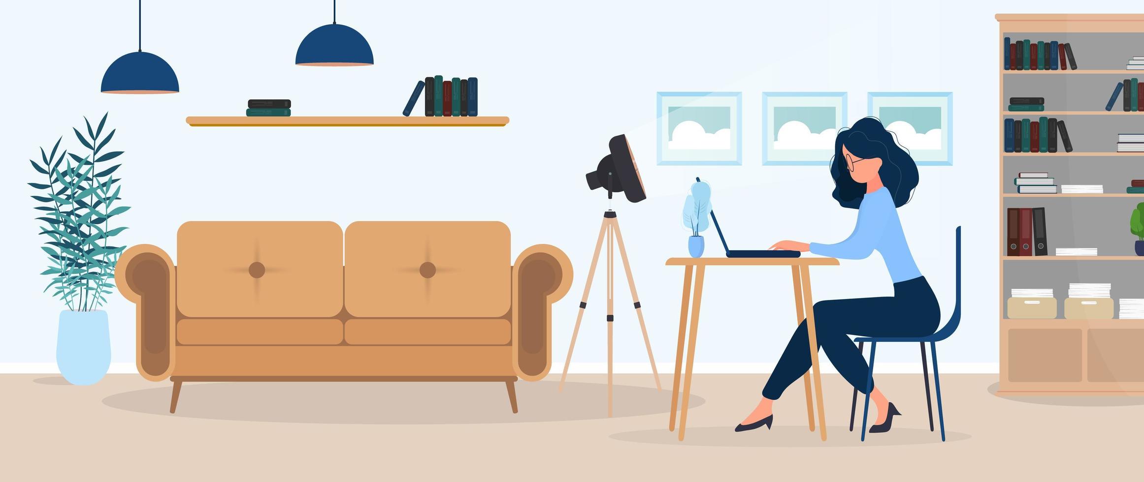 Girl works at a laptop in a stylish office. A study, a computer, a sofa, a wardrobe, a bookcase with books, paintings on the wall. Work at home. Vector. vector