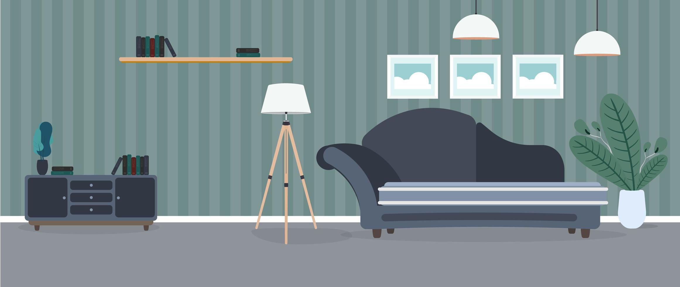 habitación moderna. Living comedor con sofá, placard, lámpara, cuadros. muebles. interior. vector. vector