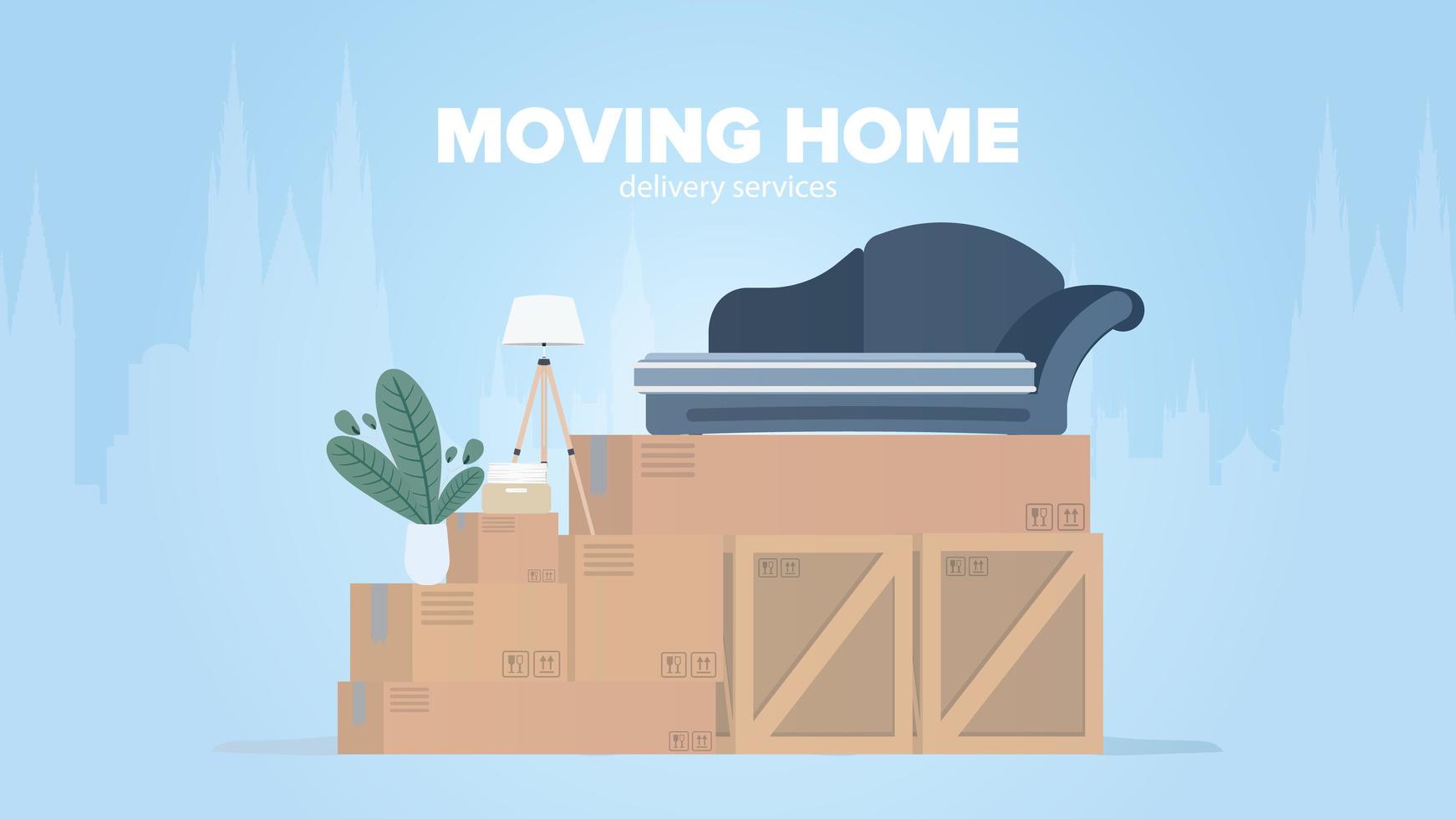 Moving home banner. Moving to a new place. Wooden boxes, cardboard boxes, sofa, houseplant, floor lamp. Isolated. Vector. vector