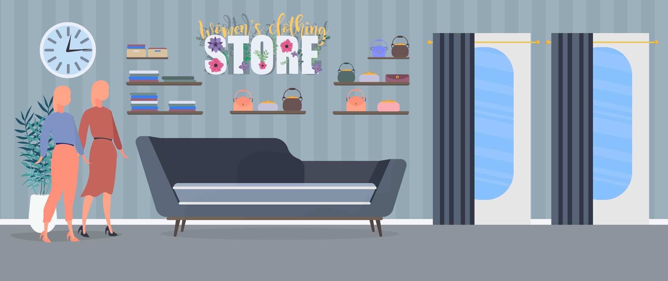 Women's clothing store. Dresses, bags, women's clothing, shop. Vector illustration.