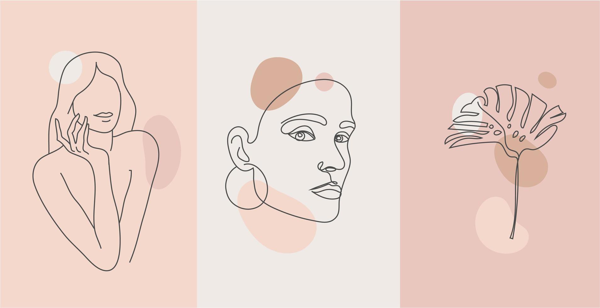 Vector minimalist style portrait. line monstera and woman portrait. Hand drawn abstract feminine print. Use for social net stories, beauty logos, poster illustration, card, t-shirt