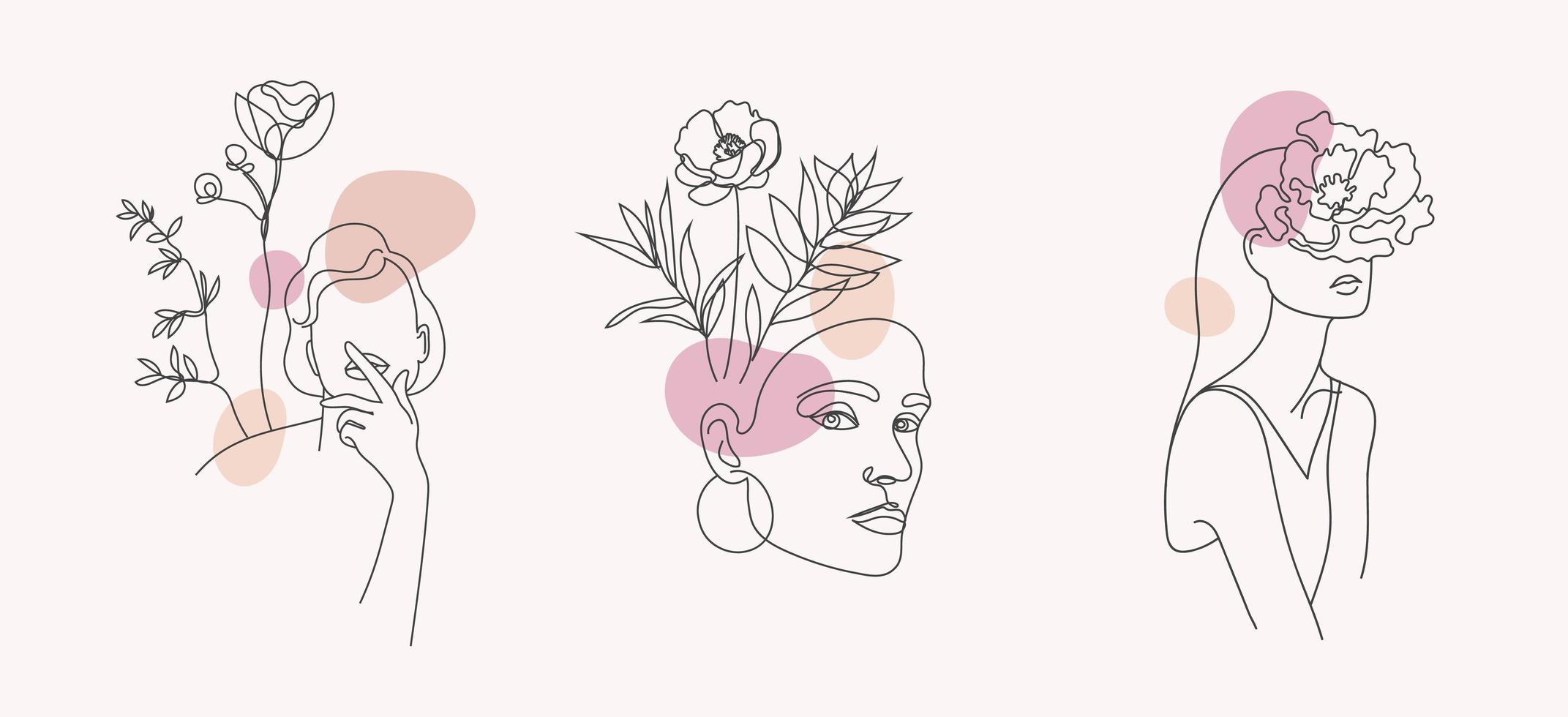 vector conjunto de caras de mujeres, ilustraciones de arte de línea de cuerpos, logotipos con flores y hojas, concepto de naturaleza femenina. uso para estampados, tatuajes, carteles, textiles, logotipos, tarjetas, etc. mujeres hermosas