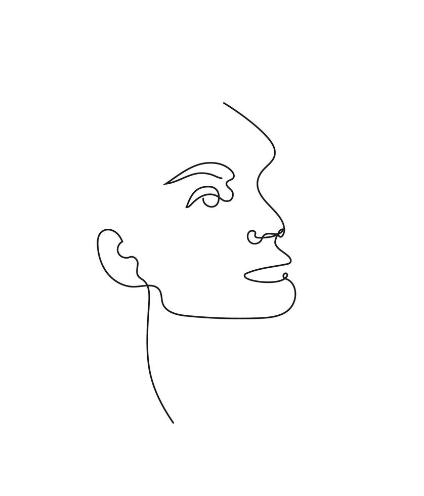 Vector hand drawn linear art, woman face, continuous line, fashion concept, feminine beauty minimalist. Print, illustration for t-shirt, design, logo for cosmetics, etc