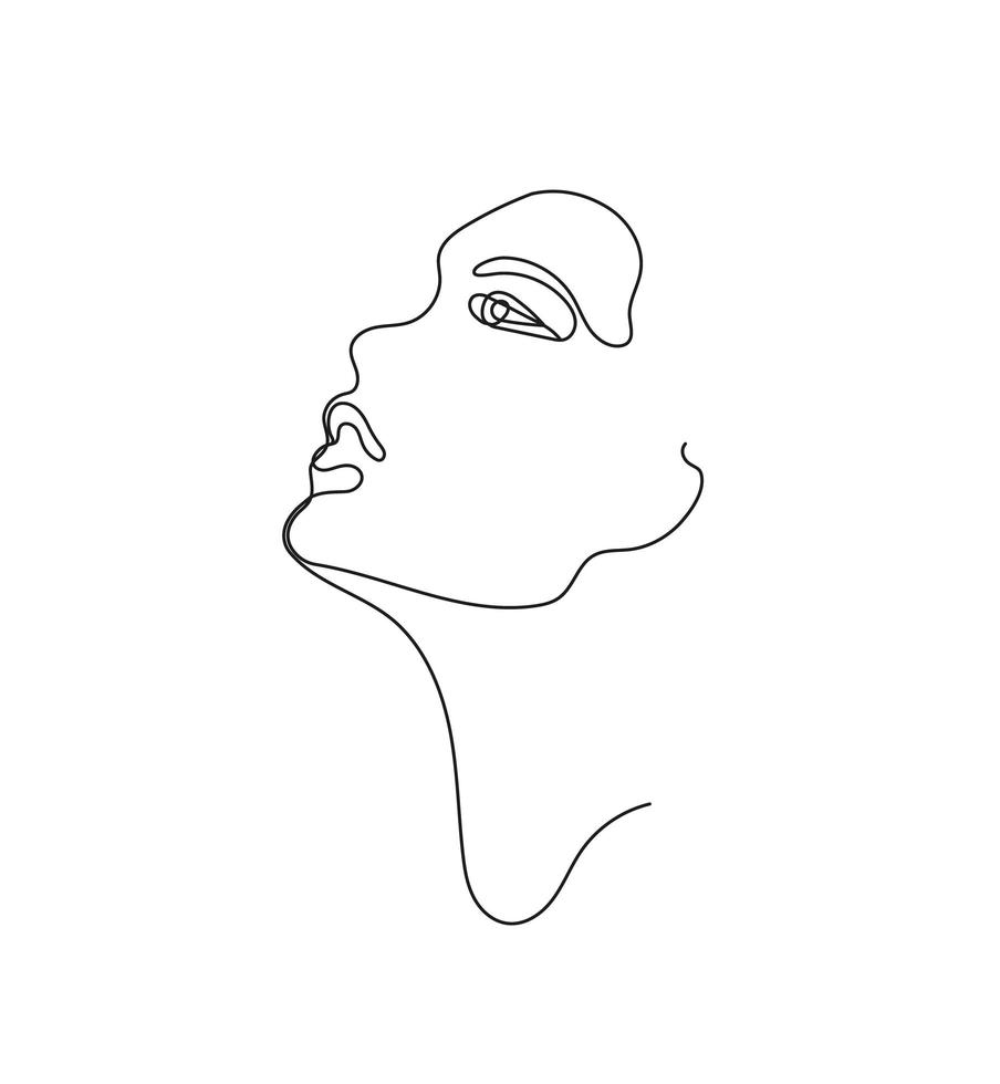 Vector hand drawn linear art, woman face, continuous line, fashion concept, feminine beauty minimalist. Print, illustration for t-shirt, design, logo for cosmetics, etc