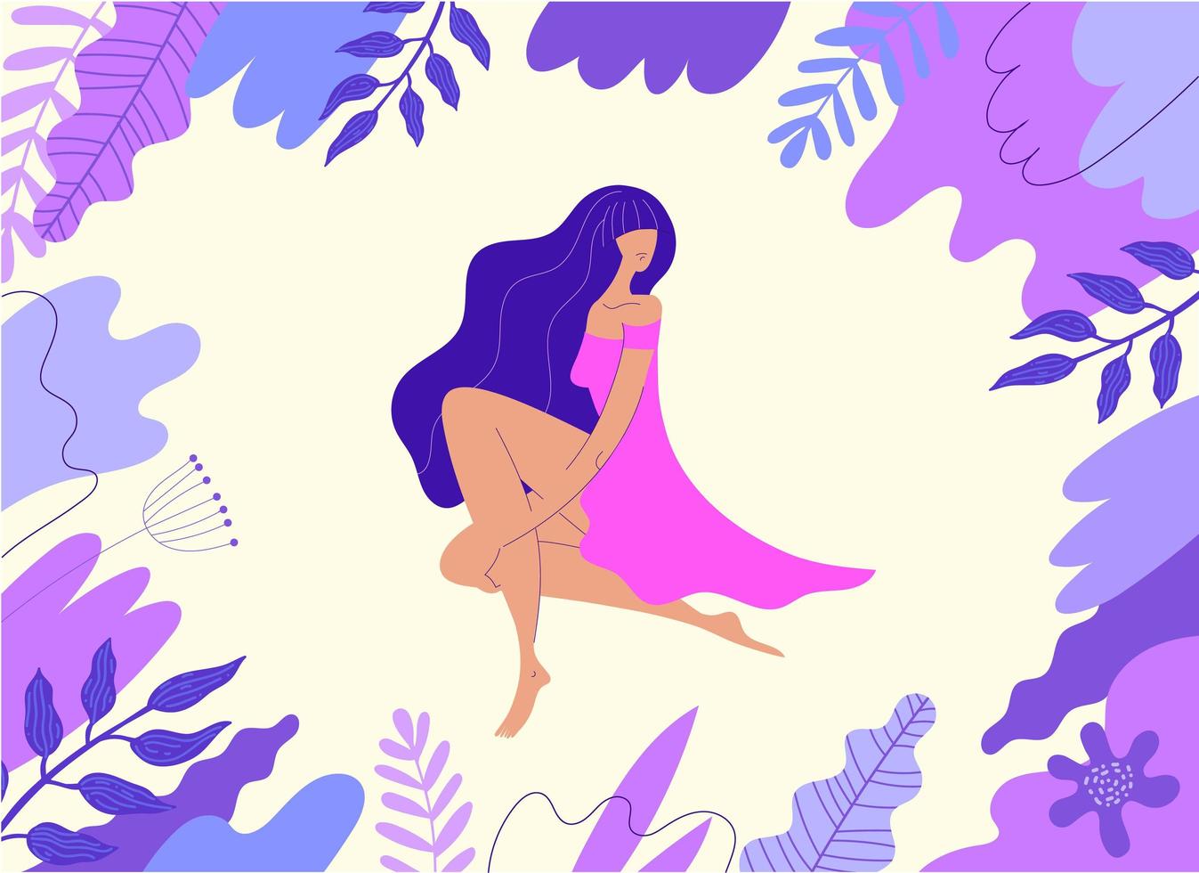Vector illustration. Woman sitting with leaves, florals, wavy elements around. Web page design templates for beauty, spa, wellness, natural products, cosmetics, body care. Modern concept