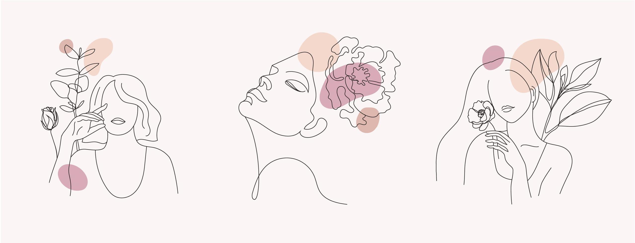 Vector set of women faces, line art illustrations, logos with flowers and leaves, feminine nature concept. Use for prints, tattoos, posters, textile, logotypes, cards etc. Beautiful women faces.