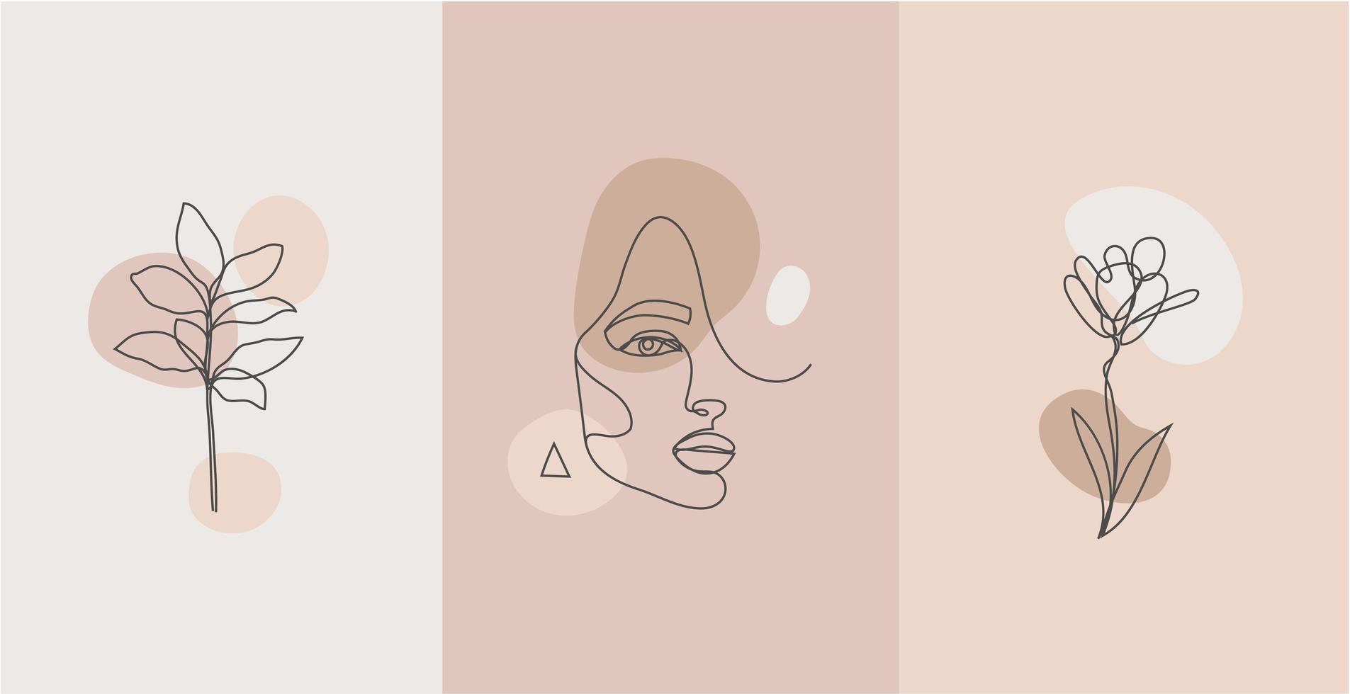 Vector minimalist style portrait. Line plant, woman portrait. Hand drawn abstract feminine print. for social net stories, beauty logos, poster illustration, card, t-shirt print. Art woman line face.