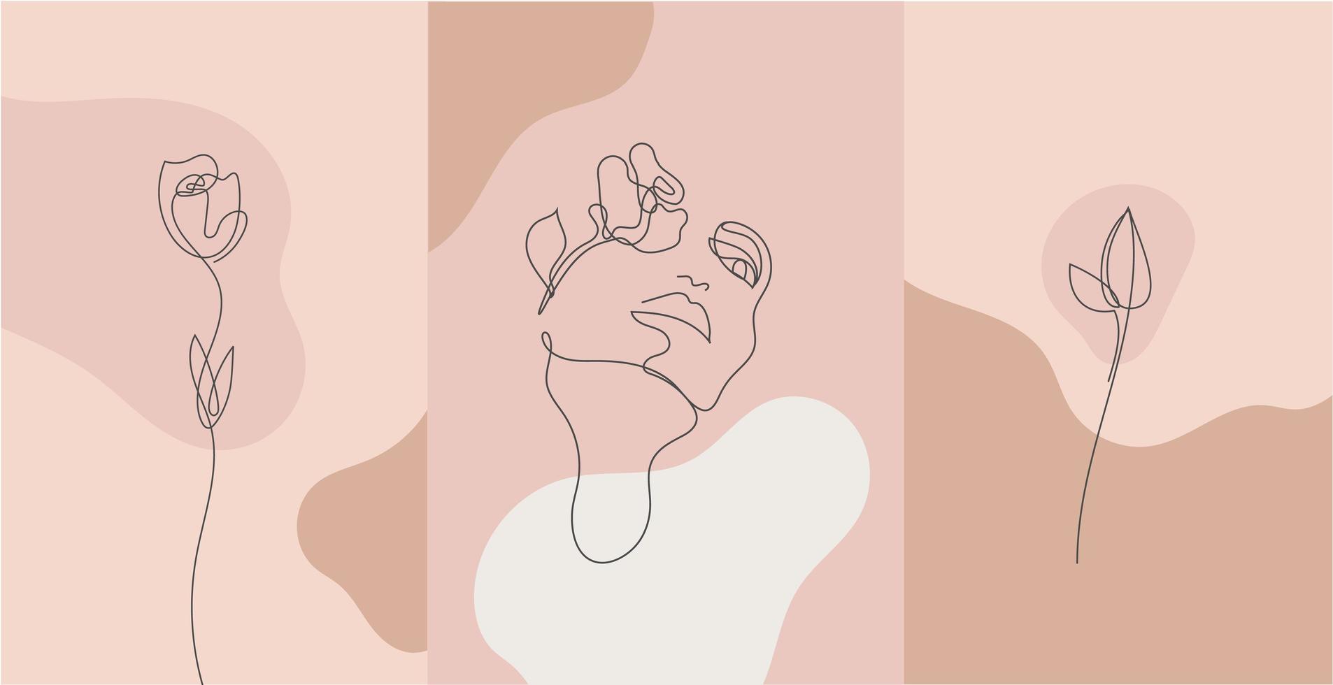 Vector minimalist style portrait. Line flower, woman portrait. Hand drawn abstract feminine print. Use for social net stories, beauty logos, poster illustration, card