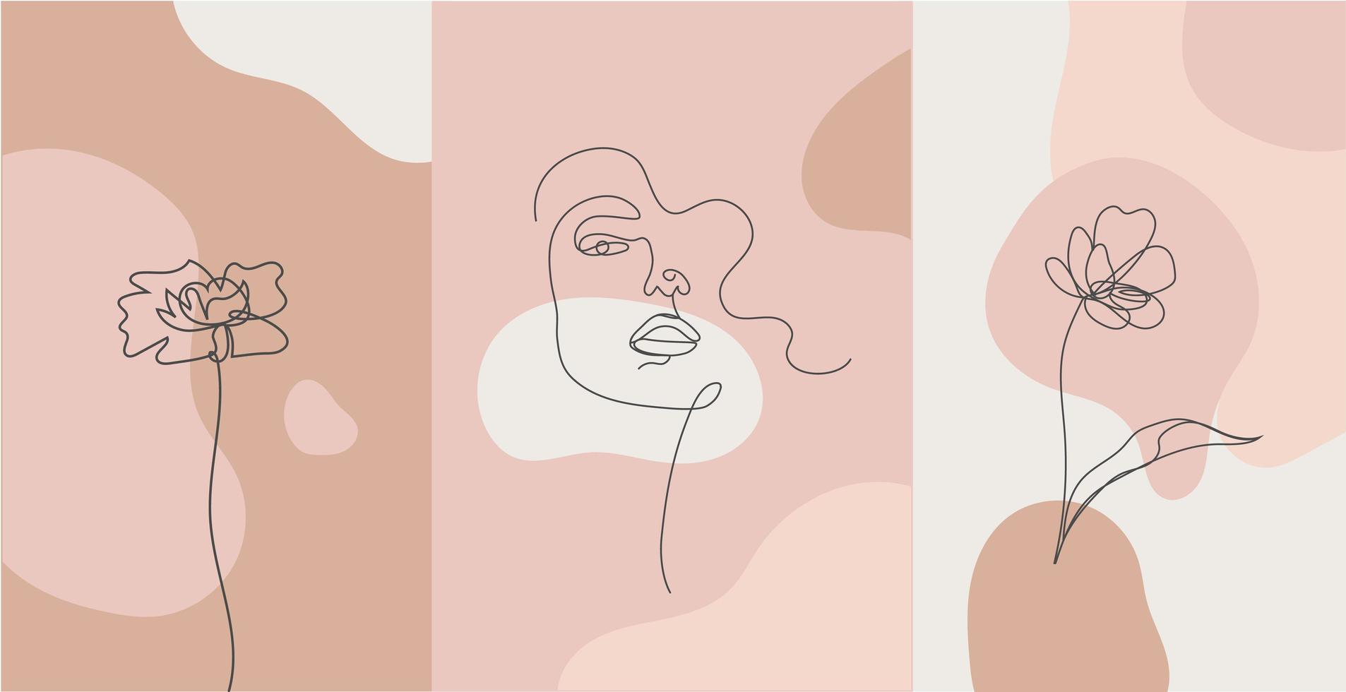 Vector minimalist style portrait. Line flower, woman portrait. Hand drawn abstract feminine print. Use for social net stories, beauty logos, poster illustration, card