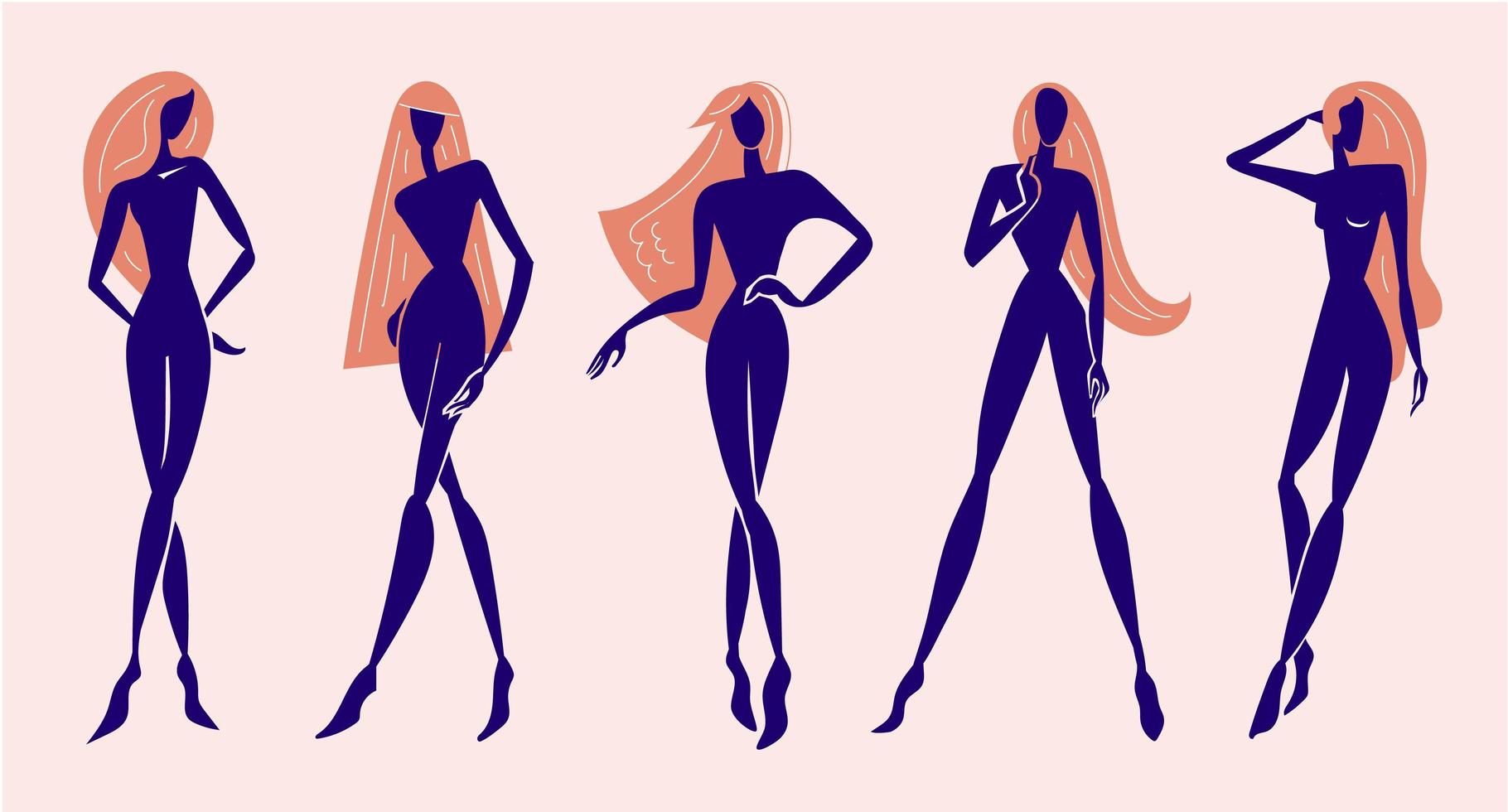 vector set mujer estilizada de pie, cabello largo, figuras de silueta, modelos de moda. concepto femenino, ilustración de arte. Úselo como póster, impresión para camiseta, elemento de diseño para productos de belleza.