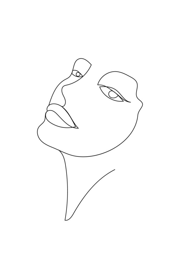 Vector hand drawn linear art, woman face, continuous line, fashion concept, feminine beauty minimalist. Print, illustration for t-shirt, design, logo for cosmetics, etc