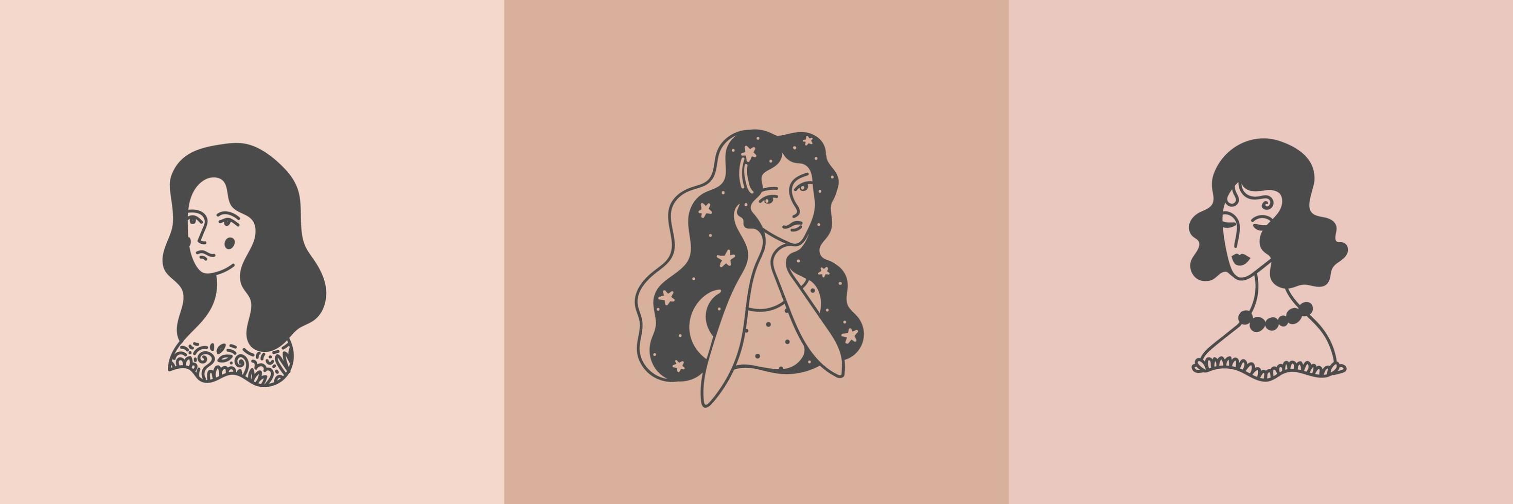 vector conjunto de logotipos femeninos, plantillas de diseño de retrato de mujer. uso para productos de belleza, estudio de moda, peluquería y cosméticos. rostro de mujer hermosa, vintage