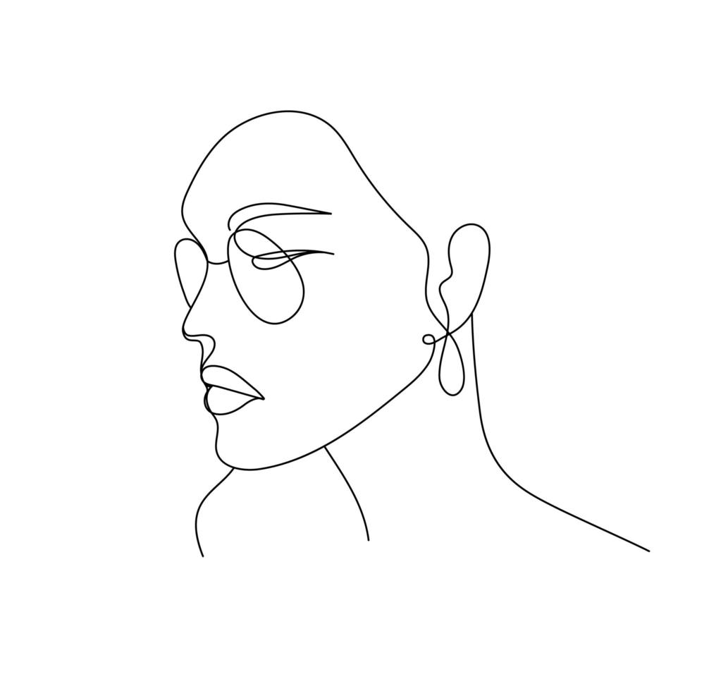vector arte lineal de la cara, retrato de mujer con gafas y aretes. línea continua, concepto de belleza de moda, mujer minimalista, ilustración bastante sexy