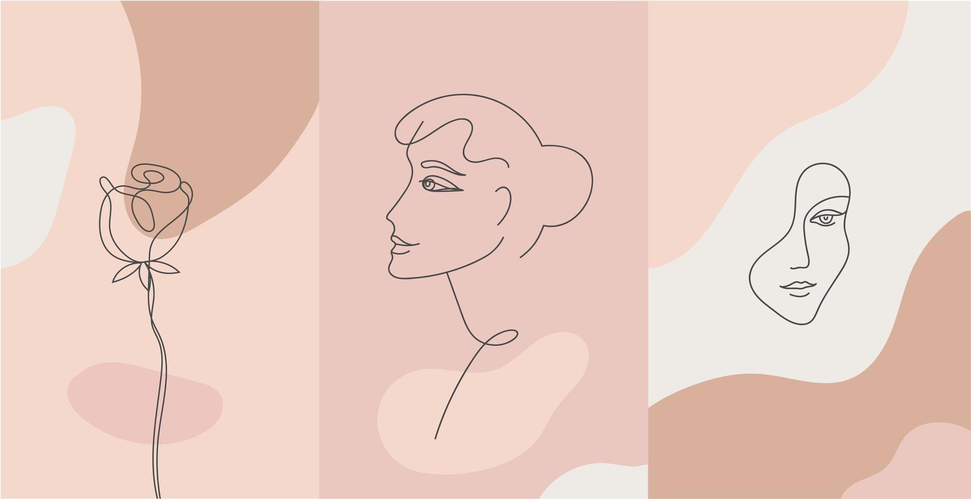 vector retrato de estilo minimalista. flor de línea, retrato de mujer. impresión femenina abstracta dibujada a mano. uso para historias de redes sociales, logotipos de belleza, ilustración de carteles, tarjetas