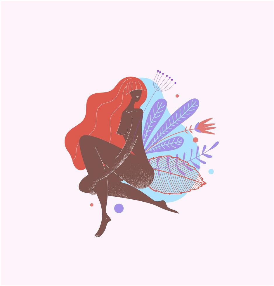 vector ilustración de concepto femenino, figura de mujer hermosa con flores, flores, hojas alrededor. uso para logotipo, belleza, cosméticos, salud, carteles y tarjetas.