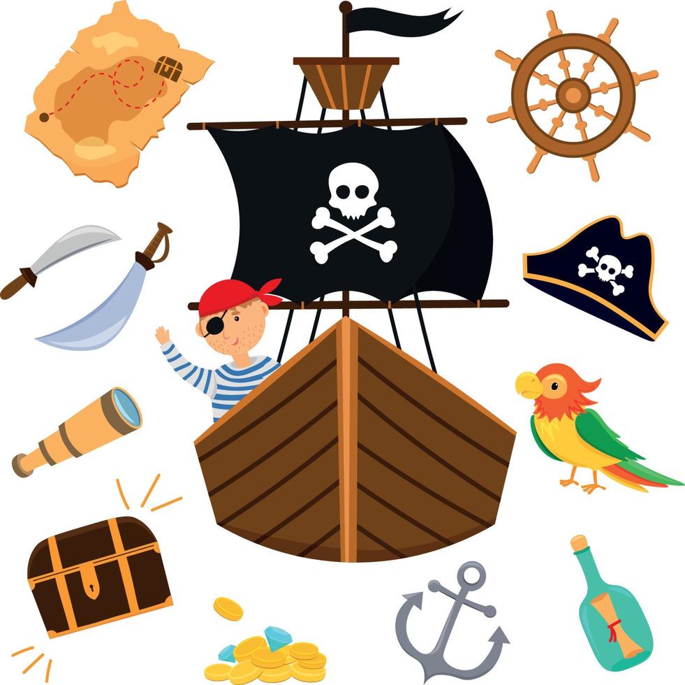 conjunto de elementos piratas de dibujos animados vector