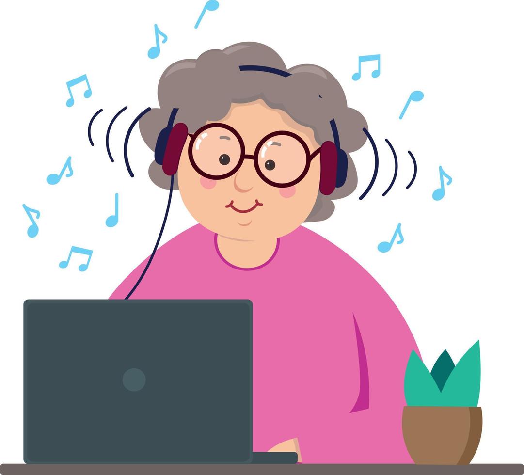 abuela feliz en la computadora portátil escuchando música vector