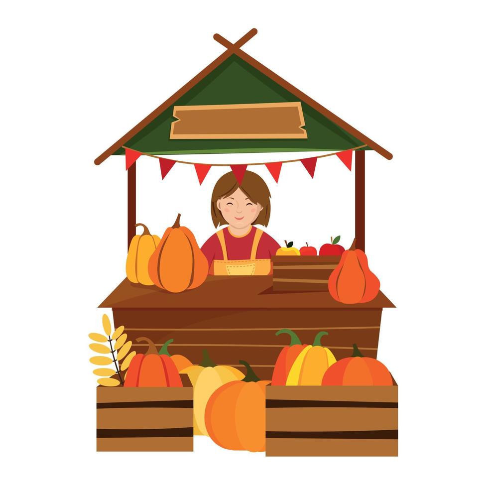 The Saleswoman Behind the Stall Counter with Pumpkins vector