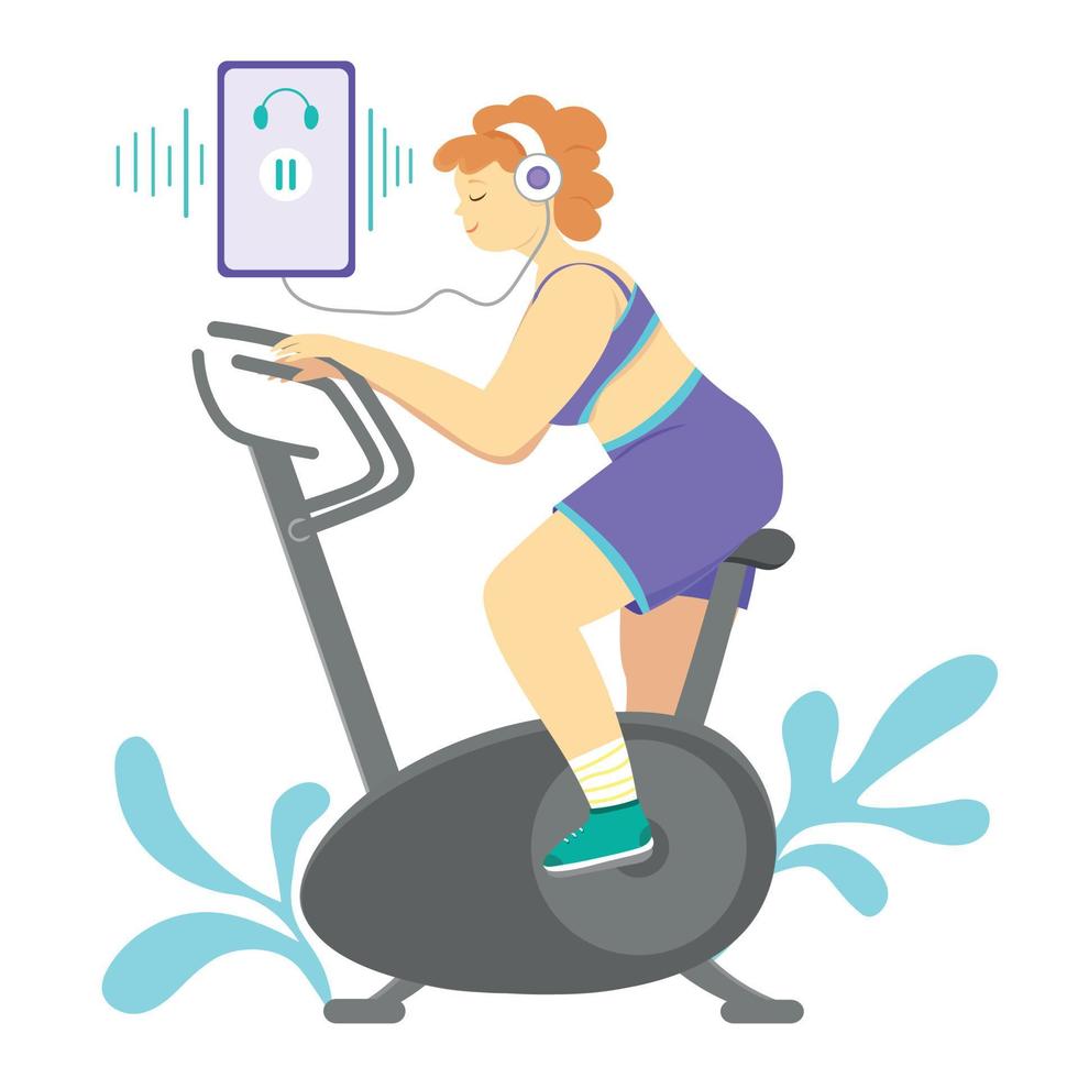 Girl Listening to a Podcast on an Exercise Bike vector