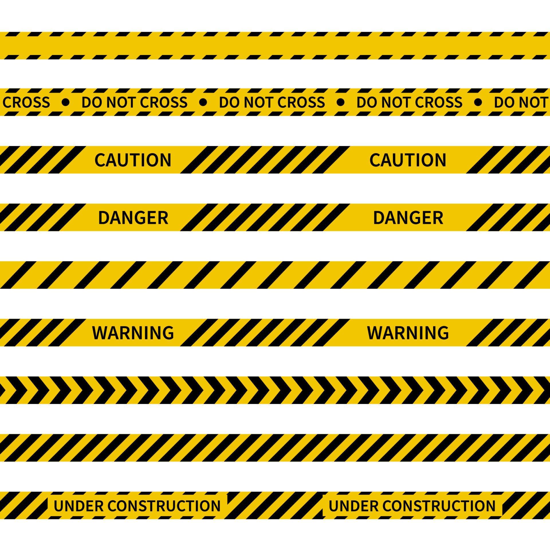 Caution tapes. Set of 9 seamless warning tapes isolated on white. Black