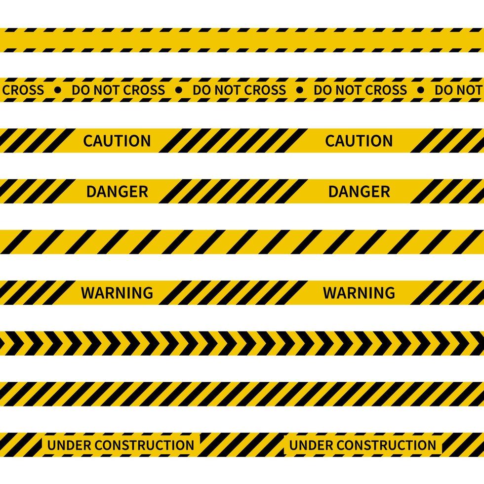 Caution tapes. Set of 9 seamless warning tapes isolated on white. Black and yellow stripped ribbons. Danger, Under construction, Do not cross, Police stripe line. Vector illustration.