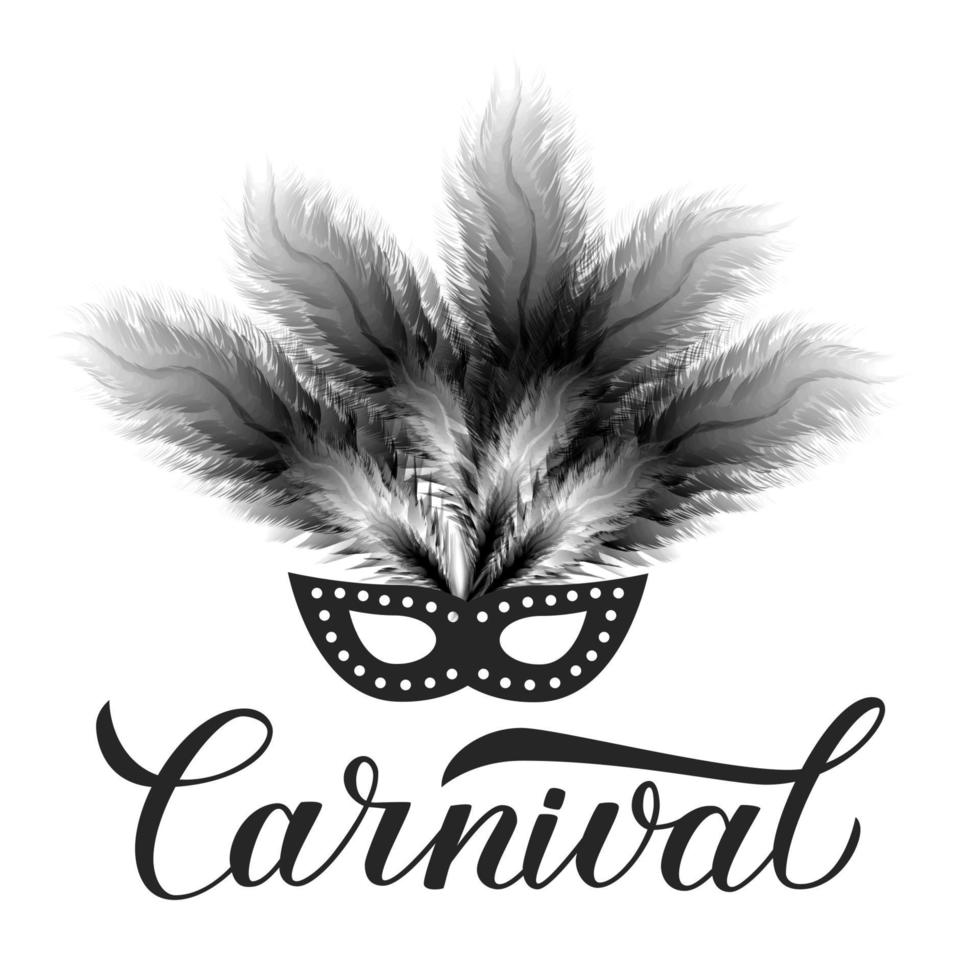 Carnival calligraphy lettering with mask and feathers isolated on white background. Masquerade party poster or invitation. Easy to edit template for Brazilian carnival in Rio. Vector illustration.